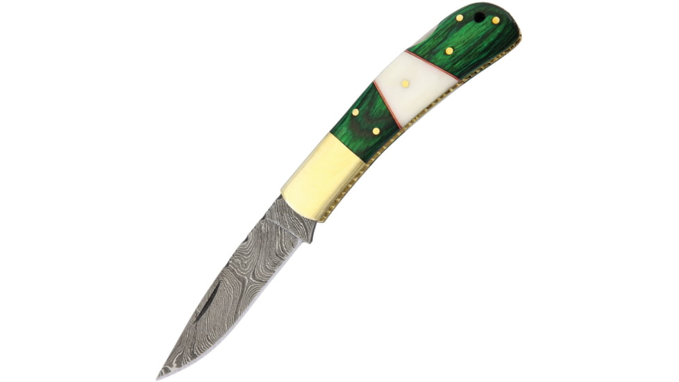 Damascus Lockback Folding Knife, 3in Damascus Steel Drop Point, Brass Bolster, Green Pakkawood And White Bone, DM1169