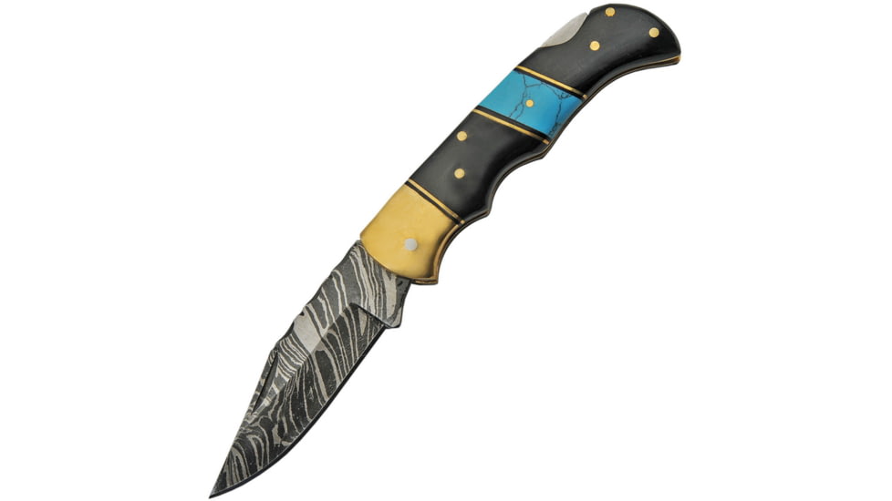 Damascus Lockback Horn/Turquoise Folding Knife, 2.75 Damascus steel clip point blade, Horn and turquoise handle, DM-1215