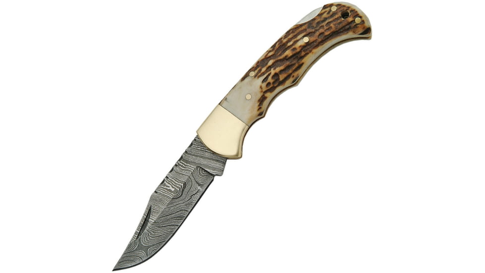 Damascus Lockback Stag Folding Knife, 2.75in Damascus Steel Clip Point Blade, Stag Bone, DM-1161