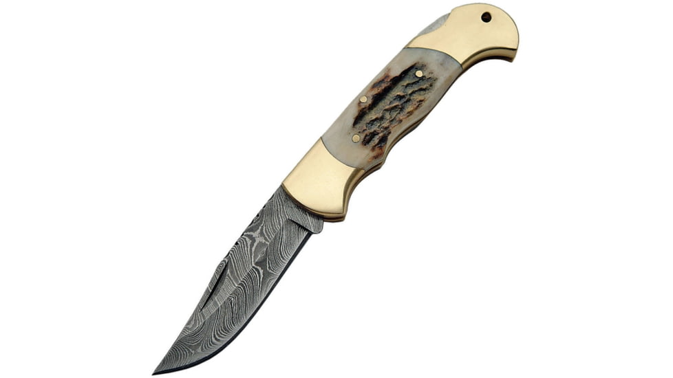 Damascus Lockback Stag Folding Knife, 3.25in Damascus Steel Clip Point Blade, Stag Bone, DM-1162SG