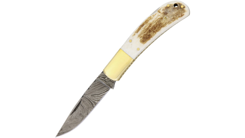 Damascus Lockback Stag Folding Knife, 3in Damascus Steel Drop Point, Stag Bone, DM1168