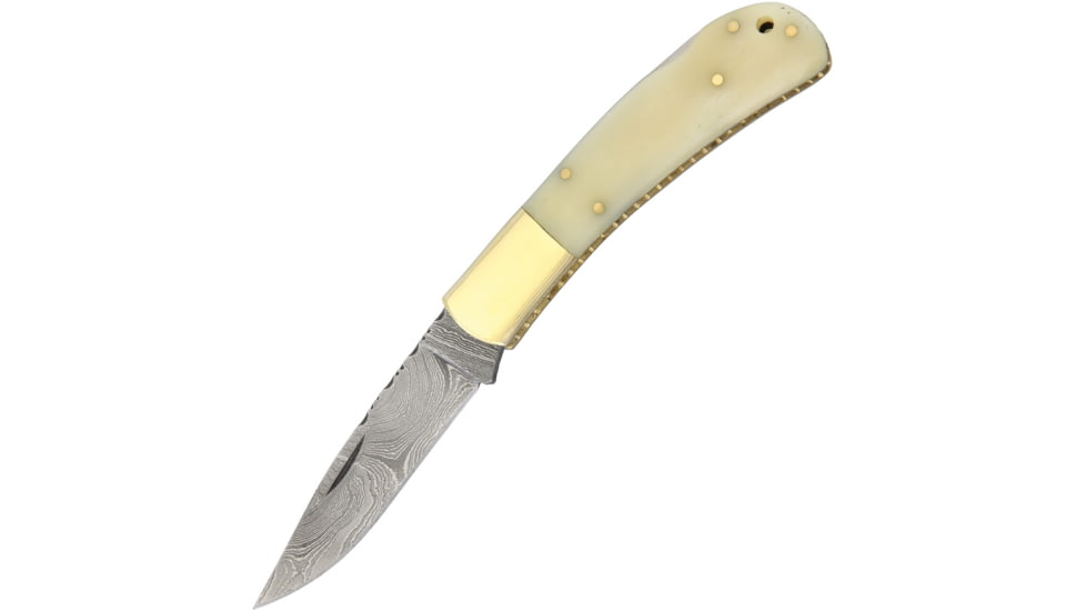 Damascus Lockback White Bone Folding Knife, 3in Damascus Steel Blade, White Smooth Bone, DM1167