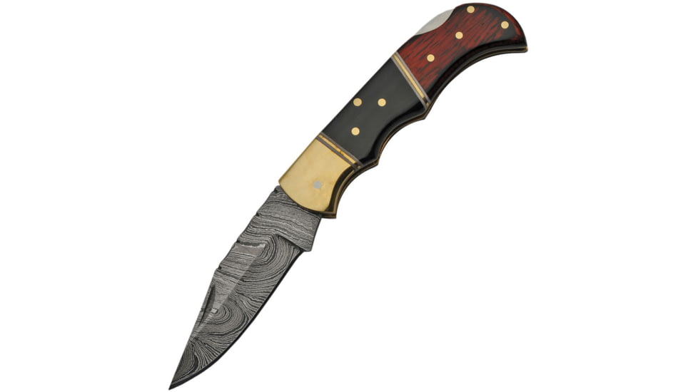 Damascus Lockback Wood and Horn Folding Knife, 2.75 Damascus steel clip point blade, Buffalo horn and brown wood handle, DM-1214