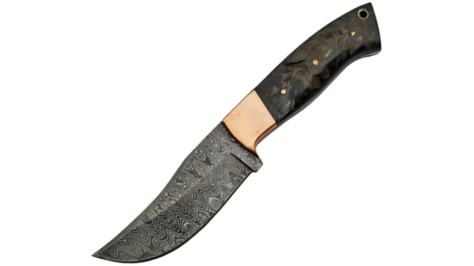 Damascus Ram Copper Skinner Knife, 9in Overall, 4.25in Damascus Steel Skinner Blade, Ram'S Horn Handle, Copper Guard, Brown Leather Sheath, DM-1152