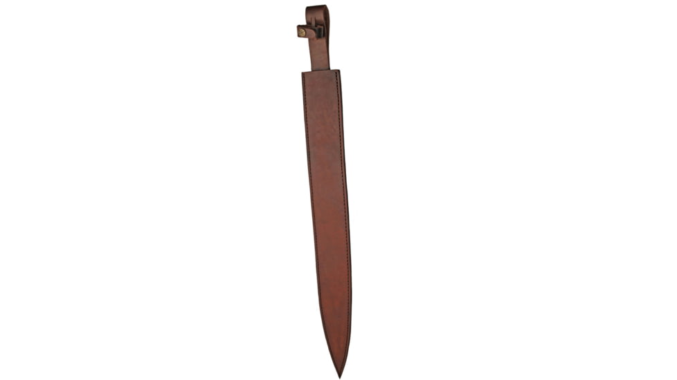 Damascus Roman Delos 23in Sword, 30in Overall, 23in Double Edge Damascus Steel Blade, Brown Sculpted Wood Handle, Brown Leather Belt Sheath, DM-5028
