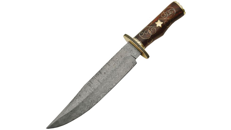 Damascus Rosewood Damascus Bowie Fixed Blade Knife, 10in, Damascus Steel, Standard Edge, Rosewood Handle DM1133
