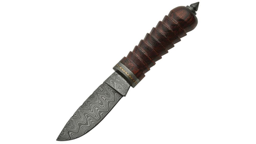 Damascus Rosewood Hunter Knife w/ Drop Point Blade DM1081