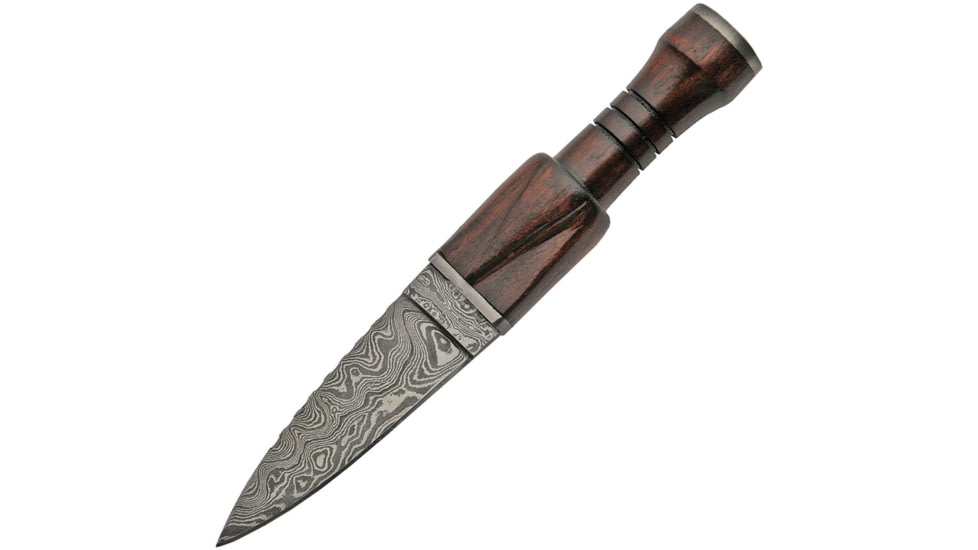 Damascus Sgian Dubh Wood Sheath Knife, 9.25in Overall, 4.5in Double Edge Damascus Steel Dagger Blade, Rosewood Handle, Rosewood And Leather Sheath, DM-1171