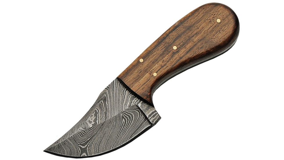Damascus Short Skinner Walnut Knife, 6in Overall, 3in Damascus Steel Skinner Blade, Walnut Handle, Brown Leather Sheath, DM-1194