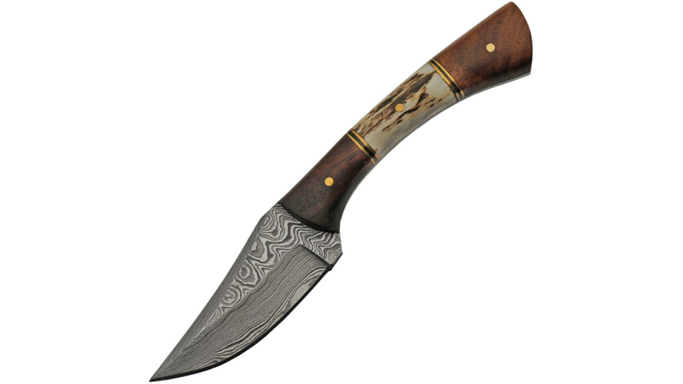 Damascus Skinner Stag Bone Knife, 3 Damascus steel skinner blade, Stag bone and brown wood handle, DM-1269