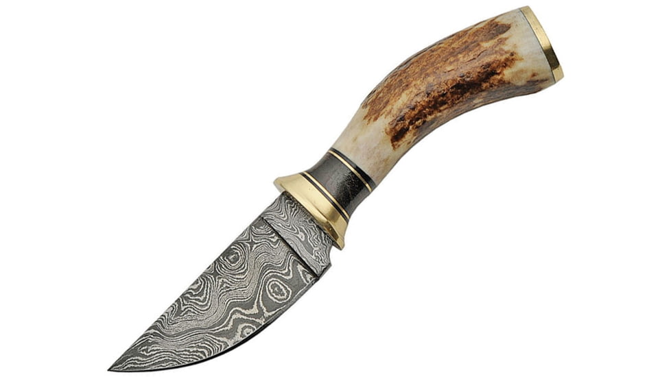 Damascus Skinner Stag Knife, 7.25in Overall, 3.25in Damascus Steel Blade, Stag Bone Handle, Brass Guard, Brown Leather Sheath, DM-1188