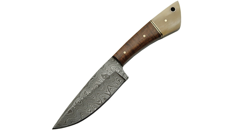 Damascus Skinner Walnut/Bone Knife, Skinner, 8in Overall, 4in Damascus Steel Skinner Blade, Walnut And Bone Handle, Brown Leather Sheath, DM-1123BO