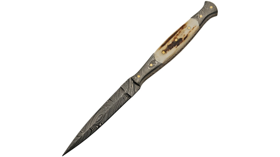 Damascus Slim Knife, 8.5in Overall, 4in Double Edge Damascus Steel Dagger Blade, Stag Bone Handle, Damascus Guard, Brown Leather Sheath, DM-1178