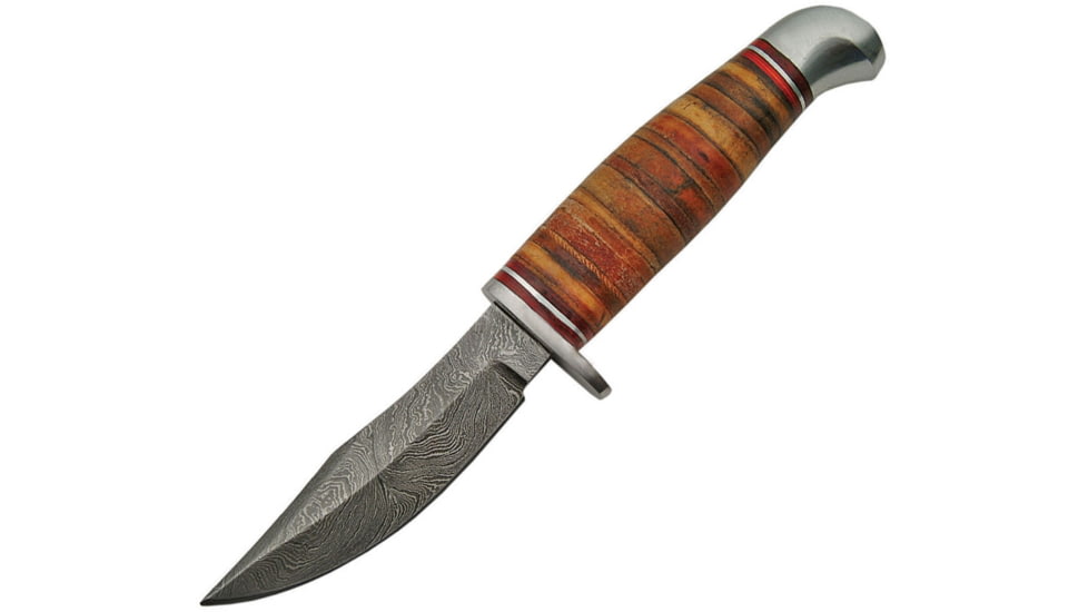 Damascus Stacked Leather Skinner Knife, 7.75in Overall, 3.5in Damascus Steel Clip Point Blade, Stacked Leather Handle, Aluminum Guard And Aluminum Pommel, Brown Leather Sheath, DM-1166