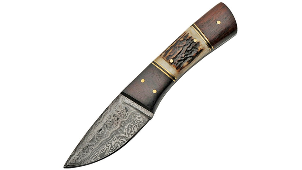 Damascus Stag and Wood Knife, 8in Overall, 3.5in Damascus Steel Blade, Stag Bone And Wood Handle, Brown Leather Sheath, DM-1183