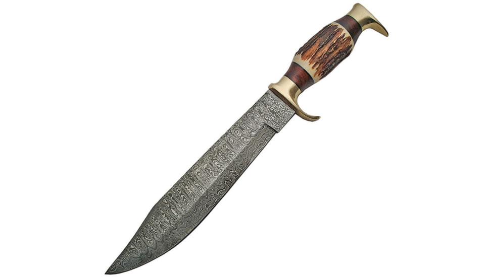 Damascus Stag Bowie Damascus Knife, 16.25in Overall, 10.5in Damascus Steel Clip Point Blade, Stag Bone Handle, Brass Guard, DM-1164