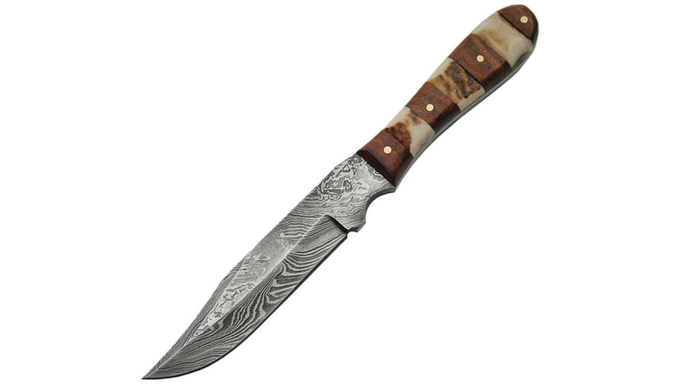 Damascus Stag Hunter Knife, 7 1/2in Overall, 4 1/2in Damascus Steel Clip Point Blade, Stag And Wood Handles, Brown Leather Sheath, DM1108