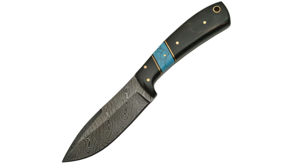 Damascus Turquoise and Horn Skinner Fixed Blade Knife, 4in, Damascus Steel, Standard Edge, Turquoise, Horn Handle DM1147