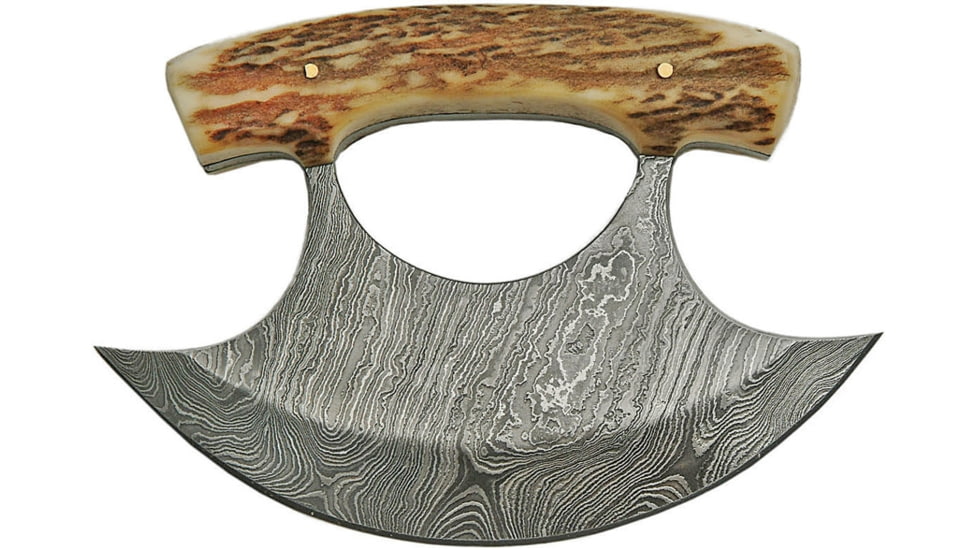 Damascus Ulu Knife, 4.38in Handle, 5.5in Damascus Steel Ulu Blade, Stag Bone Handles, Brown Leather Sheath, DM-1111SG