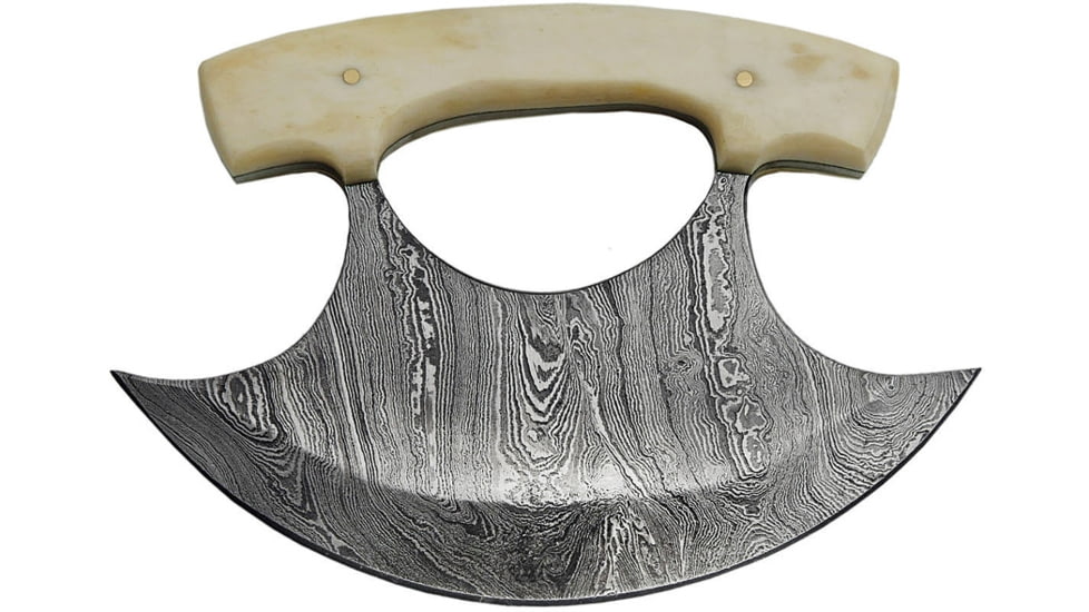 Damascus Ulu Knife, 5.5in Damascus Steel Ulu Blade, 4.5in Smooth Bone Handle, Brown Leather Sheath, Full Tang, DM-1111BO