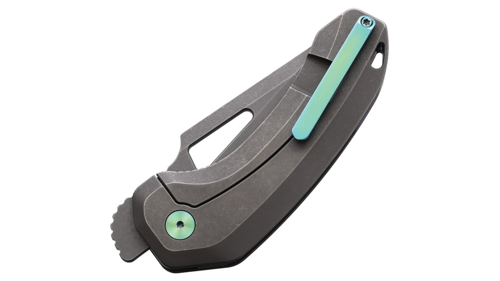 Damned Designs Oni XL SW Ti Folding Knife, 4.25in Closed, 3.25in Stonewash 14C28N Sandvik Tanto Blade, Gray Stonewash Titanium Handle, ONIXL-SWTI-14C28N