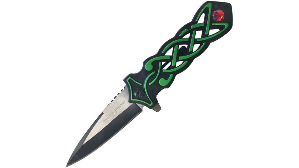 Dark Side Blades Celtic Linerlock A/O Green Folding Knife,3.5in,Stainless Steel,Standard Edge,Black and Satin,Black and Green,Aluminum Handle, DS-A021BG