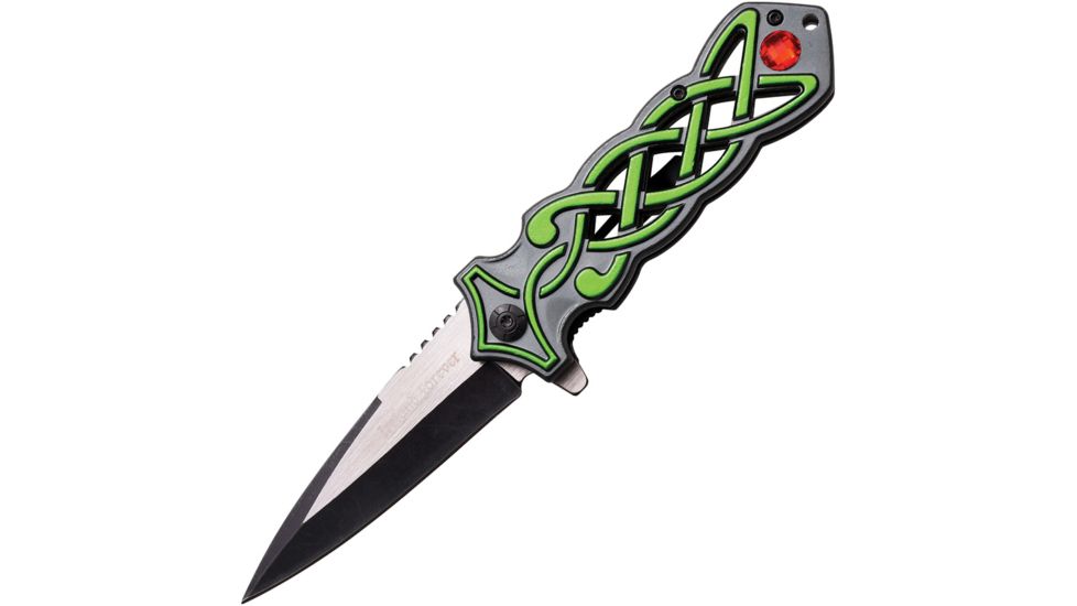 Dark Side Blades Celtic Linerlock A/O Green/Gry Folding Knife,3.5in,Stainless Steel,Standard Edge,Black and Satin,Green and Gray,Aluminum Handle, DS-A021GN