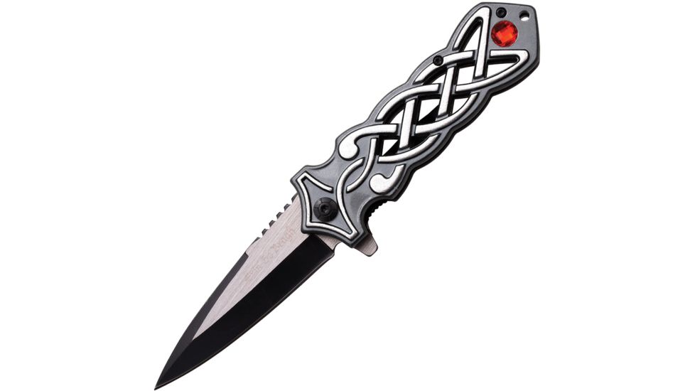 Dark Side Blades Celtic Linerlock A/O Silver Folding Knife,3.5in,Stainless Steel,Standard Edge,Black and Satin,Silver and Gray,Aluminum Handle, DS-A021SL