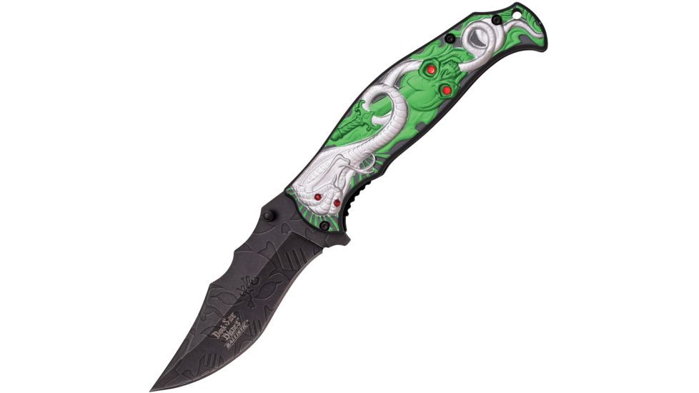 Dark Side Blades Cobra Linerlock A/O Green/Slvr Folding Knife,4in,Stainless Steel,Standard Edge,Black Stonewash,Green and Silver,Aluminum Handle, DS-A032GS