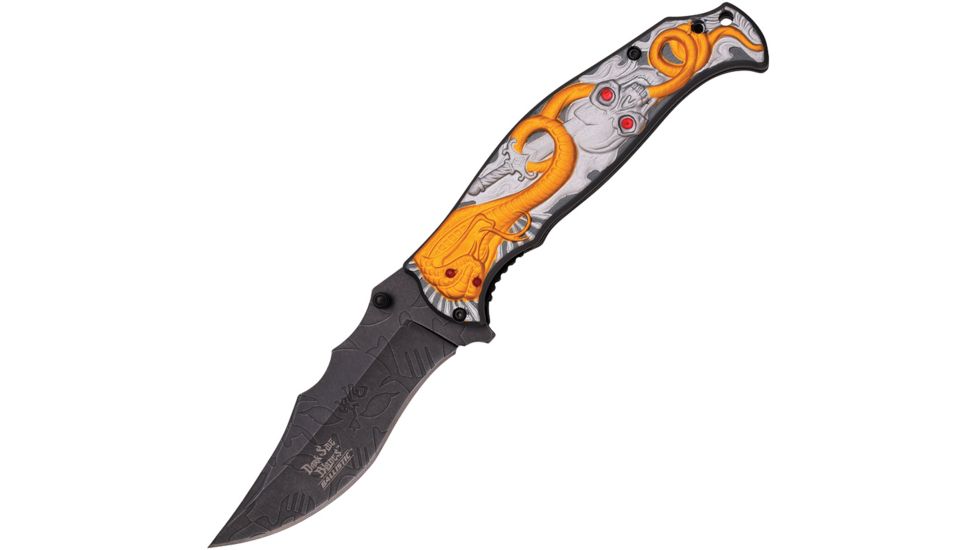 Dark Side Blades Cobra Linerlock A/O Silver/Gld Folding Knife,4in,Stainless Steel,Standard Edge,Black Stonewash,Gold and Silver,Aluminum Handle, DS-A032SG