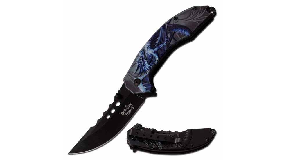 Dark Side Blades DS-A072BL Spring Assisted Knife, 3.6in, 3CR13 Stainless Steel, Skinner, Black Blade, Aluminum Handle, Black/Blue, DS-A072BL