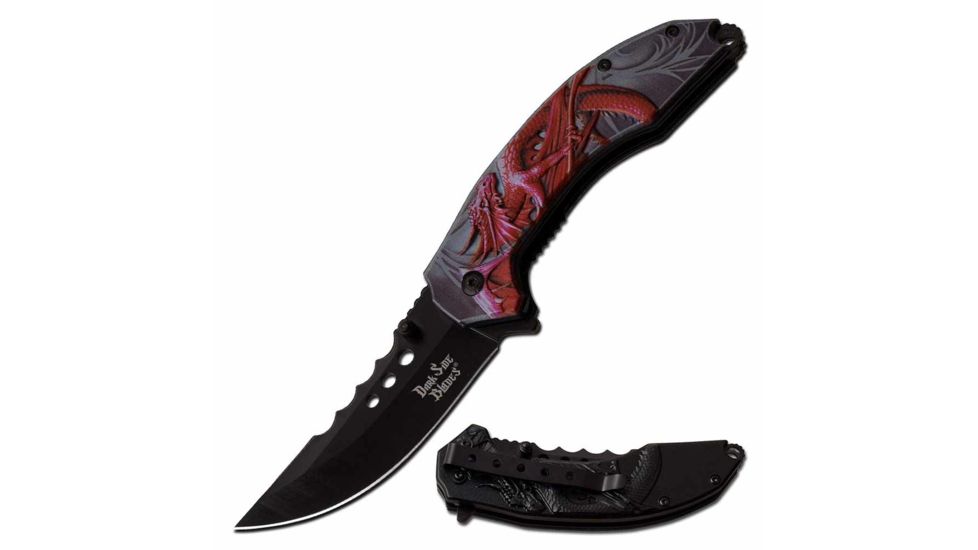Dark Side Blades DS-A072RD Spring Assisted Knife, 3.6in, 3CR13 Stainless Steel, Skinner, Black Blade, Aluminum Handle, Black/Red, DS-A072RD