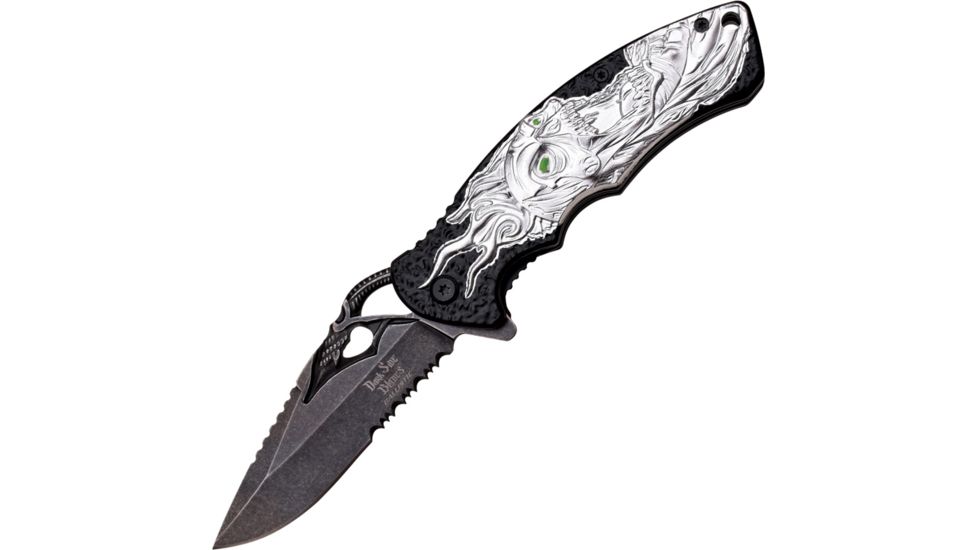 Dark Side Blades Fantasy Linerlock A/O Folding Knife,3.5in,440 Stainless Steel,Partially Serrated,Black,Aluminum Handle DSA001BS