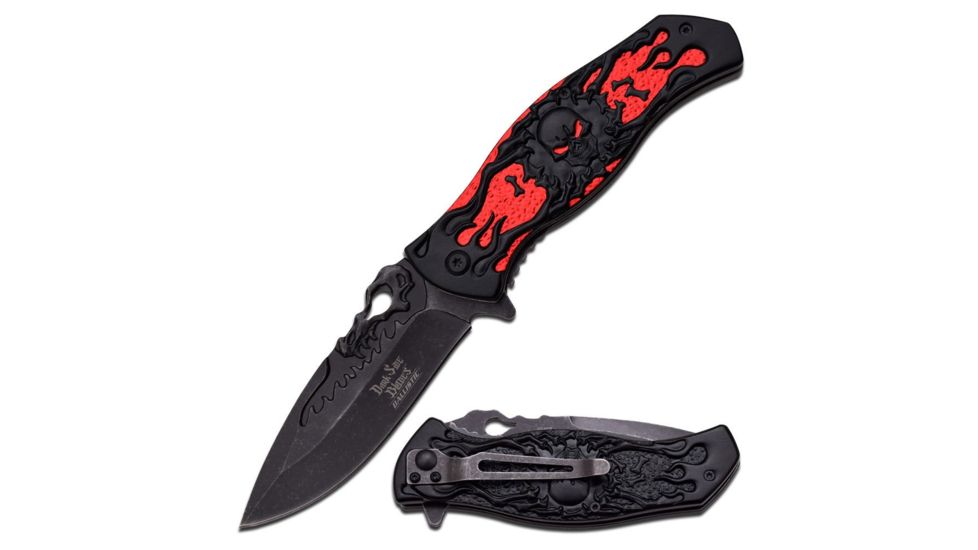 Dark Side Blades Folding Blade, 3.75in, Stainless Steel Blade, Double Anodized Stamped Skull Red Aluminum Handle DS-A024RD