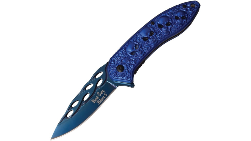 Dark Side Blades Skull Linerlock A/O Folding Knife, 4.75in Closed, 3.5in Blue Titanium Coated SS Drop Point, Blue Sculpted Aluminum, DS-A055BL