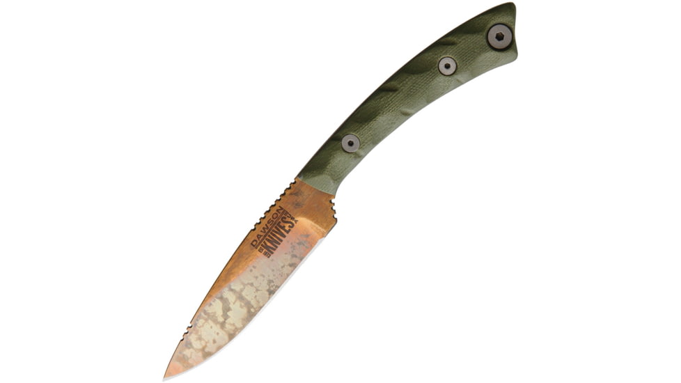 Dawson Knives Angler OD Green Knife, 3 Arizona copper finish CPM-3V carbon steel blade, OD green sculpted G10 handle, 696302763660