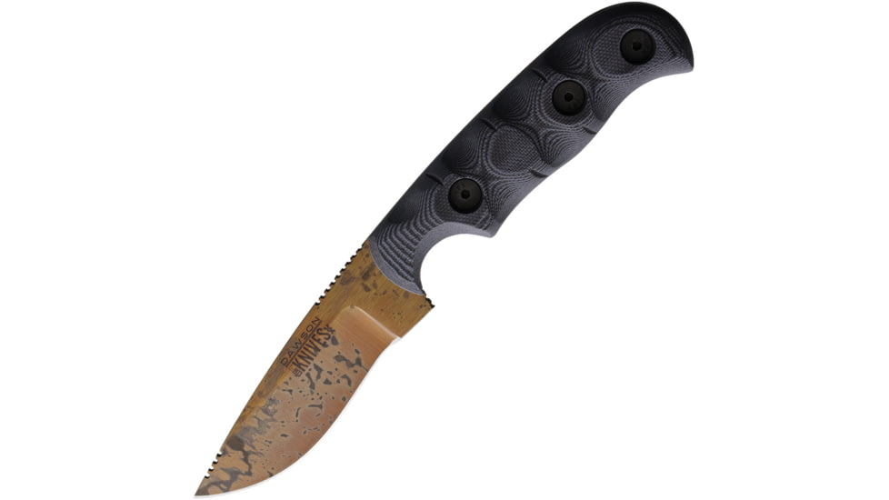 Dawson Knives Deep Notch 3V Arizona Copper Knife, 3.38 Arizona copper finish CPM-3V carbon steel bl, Black and blue sculpted G10 handle, DW1103
