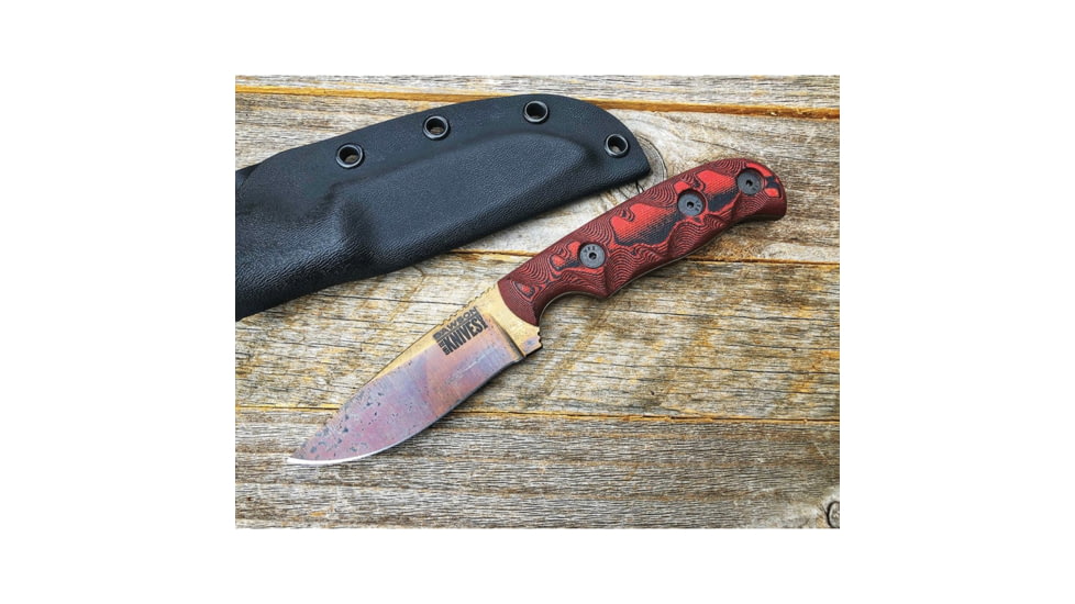 Dawson Knives Deep Notch Fixed Blade Knife, 7.5in Overall, 3.38in Arizona Copper Finish Cpm-3V Carbon Steel Blade, Black/Red Sculpted G10, DW64100