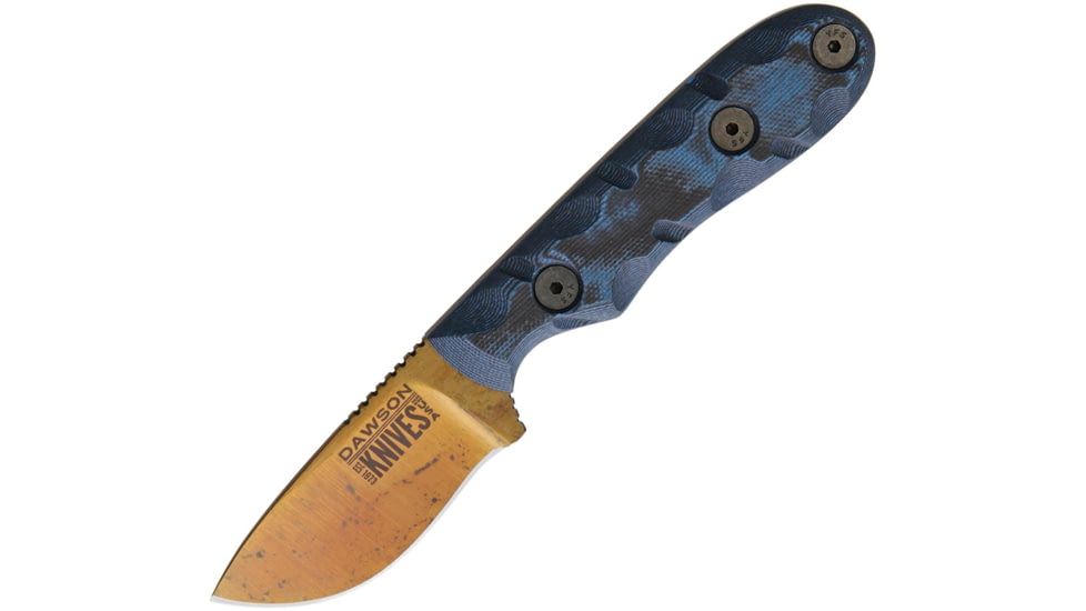 Dawson Knives Field Guide Fixed Blade Blue Fixed Blade Knife, 6.5in Overall, 2.38in Arizona Copper Finish Cpm-3V Carbon Steel Blade, Black/Blue Sculpted G10 Handle, Serialized, Black Kydex Sheath, DW64322