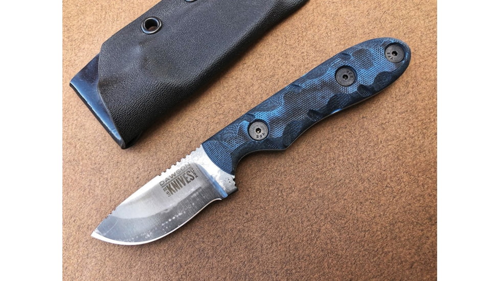 Dawson Knives Field Guide Fixed Blade Blue Fixed Blade Knife, 6.5in Overall, 2.38in Hamon Finish Cpm-3V Carbon Steel Blade, Black/Blue Sculpted G10 Handle, Serialized, Black Kydex Sheath, DW02862
