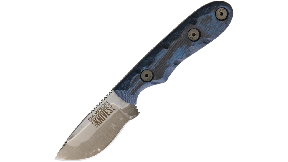 Dawson Knives Field Guide Fixed Blade Blue Fixed Blade Knife, 6.5in Overall, 2.38in Hamon Finish Cpm-3V Carbon Steel Blade, Black/Blue Sculpted G10 Handle, Serialized, Black Kydex Sheath, DW02862