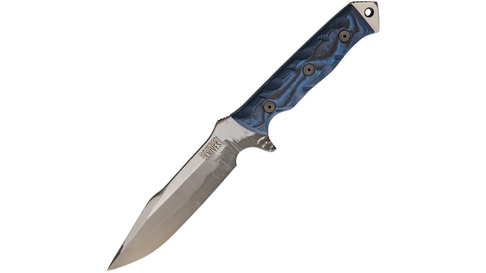 Dawson Knives Mojave 6 Blue/Fixed Blade Knives, 11.38in Overall, 6in Hamon Finish Cpm-3V Carbon Steel Blade, Black/Blue Sculpted G10 Handle, Serialized, Black Kydex And Brown Leather Sheath, DW03074