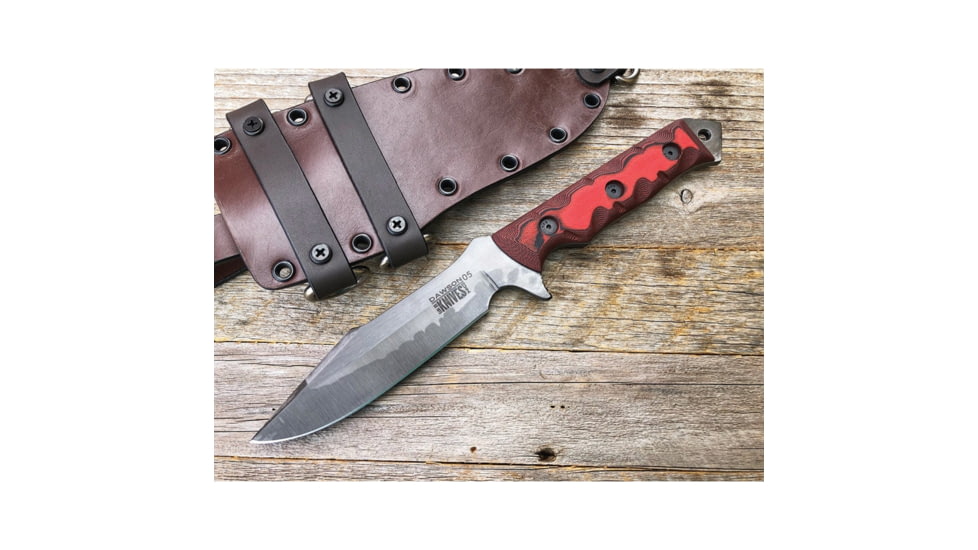 Dawson Knives Mojave 6 Fixed Blade Knife, 11.38in Overall, 6in Hamon Finish Cpm-3V Carbon Steel Blade, Black/Red Sculpted G10 Handle, Serialized, Black Kydex And Brown Leather Sheath, DW03050