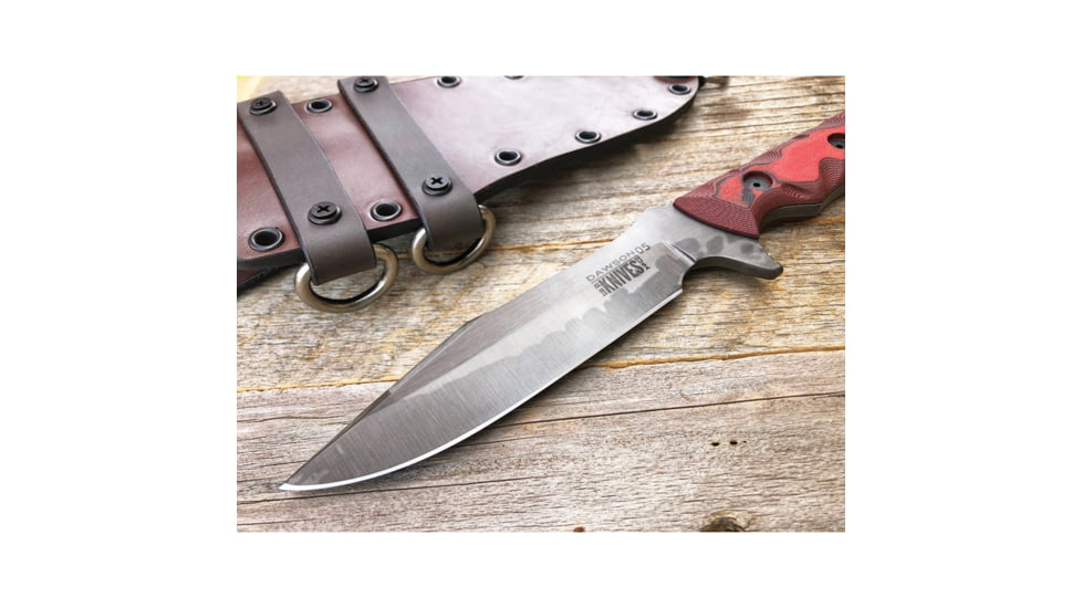 Dawson Knives Mojave 6 Fixed Blade Knife, 11.38in Overall, 6in Hamon Finish Cpm-3V Carbon Steel Blade, Black/Red Sculpted G10 Handle, Serialized, Black Kydex And Brown Leather Sheath, DW03050
