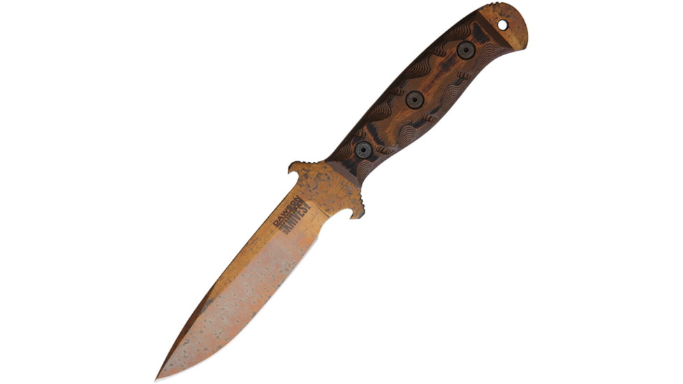 Dawson Knives Raider 5 Orange Knife, 5 Arizona copper finish CPM-3V carbon steel blade, Black and orange sculpted G10 handle, 696302764230
