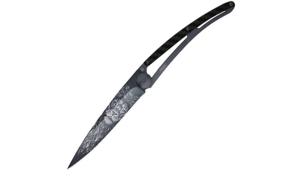 Deejo Tattoo Linerlock 37g CF Lion Folding Knife, 3.75 black titanium coated Z40C13 stainless blade, Carbon fiber handle, 1GC000106