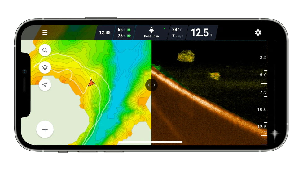 Choose your fishing type to see bathymetric maps and/or sonar readings in an individual or split-screen view. Examine fish, vegetation, and underwater structure, as well as bottom contour, hardness, and consistency.