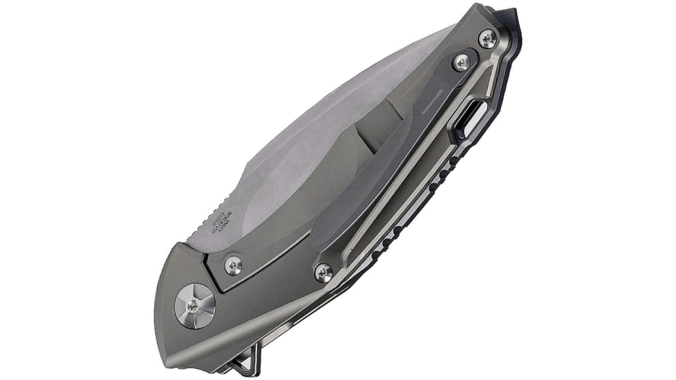 Defcon JK Sharkstooth Framelock Folding Knife, 3.5in Cpm S35Vn SS Spear Point Blade, Gray Titanium Handle, Glass Breaker, Pocket Clip, Stonewash And Satin Blade, TF52192