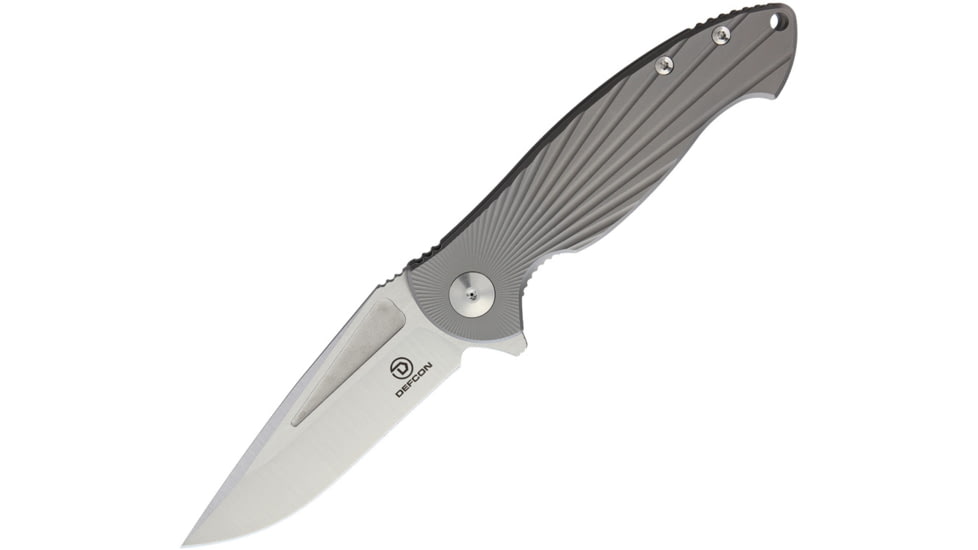 Defcon Tiium Framelock Folding Knife, 4in Satin Cpm S35Vn SS Clip Point Blade, Grooved Titanium Handle, Pocket Clip, Black Nylon Case, TD1001