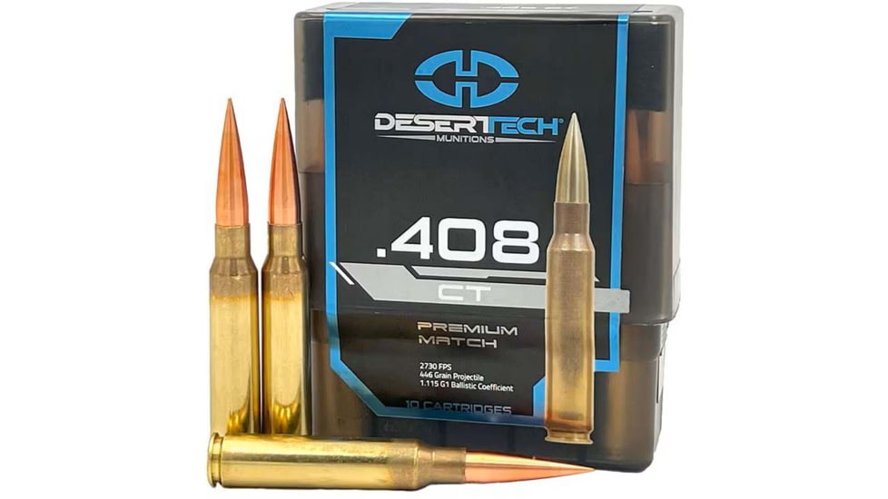 Desert Tech Premium Match .408 Cheyenne Tactical, 446 grain, Open Tip Match Brass Cased Centerfire Rifle Ammo, 10 Rounds, DTM-408400-BX